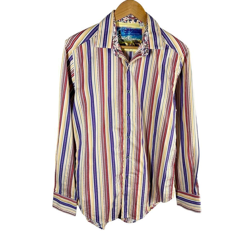 Robert Graham Gold Red Purple MultiColor Stripe Long Sleeve Shirt Size Small
